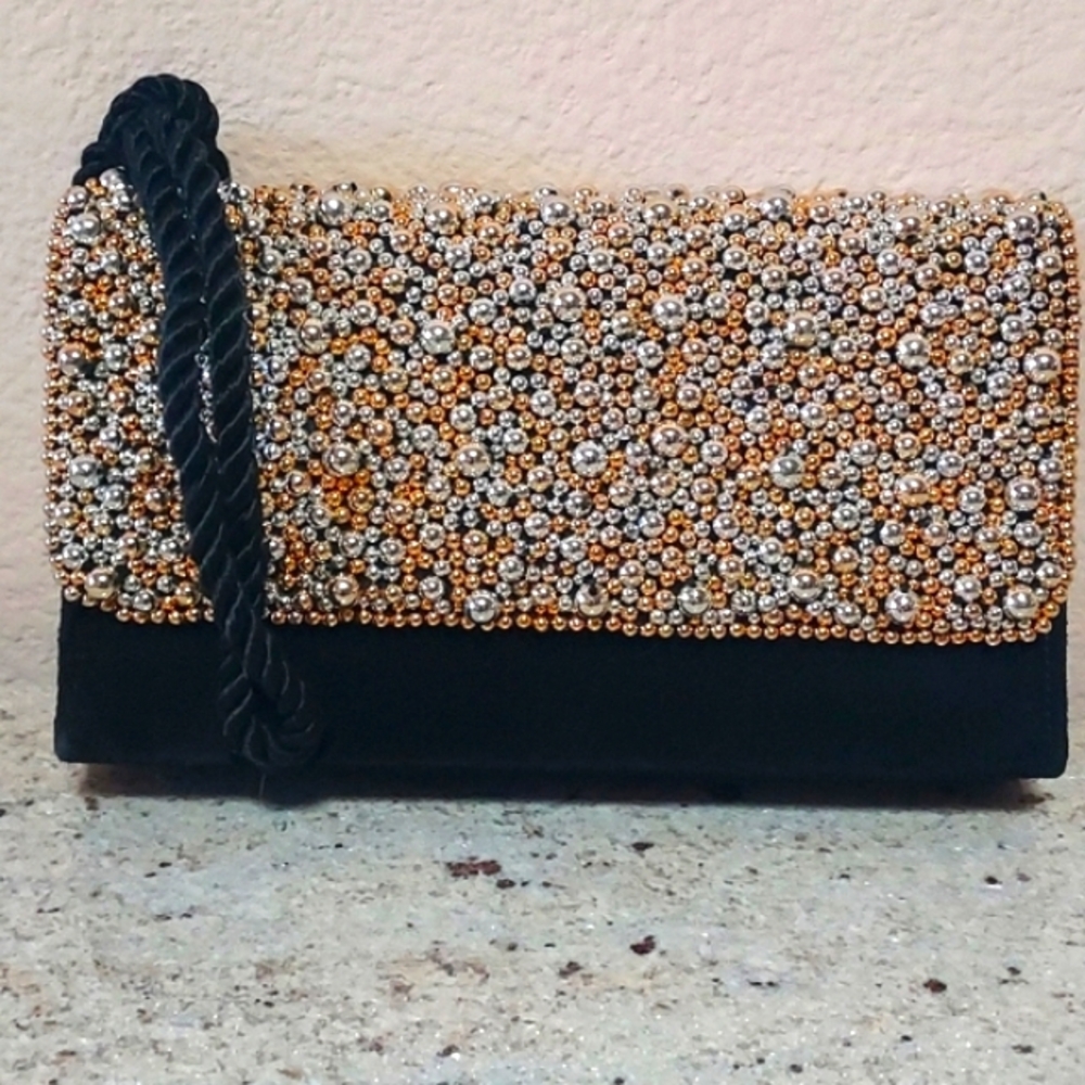 Evening Shoulder/Cluch Velvet with Gold & Silver beads, Velvet Braided Rope Bag.